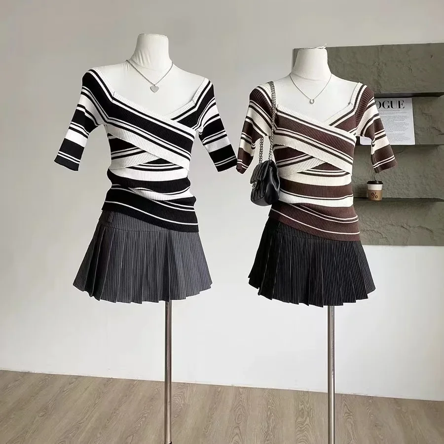 Women Off the Shoulder Ribbed Knit Top Crisscross Wrap Tshirt Front Striped Sweater Fitted Pullovers Tops