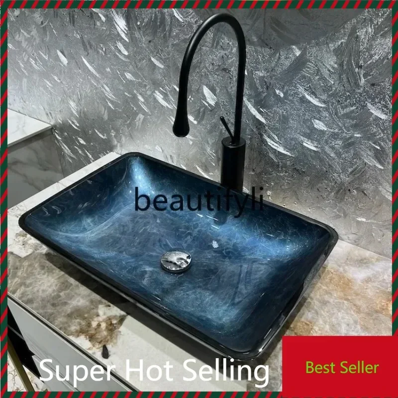 YL f156  Tempered gla table basin simple gray-blue art basin ingot shape