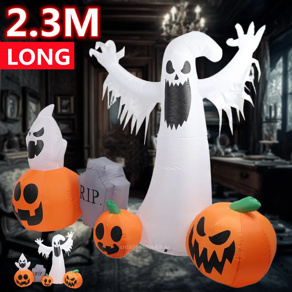 2.3M Halloween Inflatable Pumpkin White Ghost Tombstone Built-in LED Lights Halloween Party Indoor Outdoor Inflatable Ornament