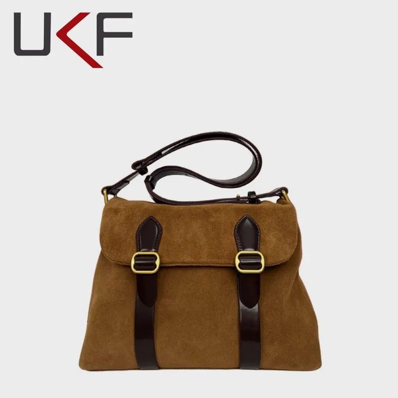 UKF Vintage Academy Style Autumn Frosted Suede Postman Woman Flap Shoulder Crossbody Bags For Women Underarm Commuter Belt Purse