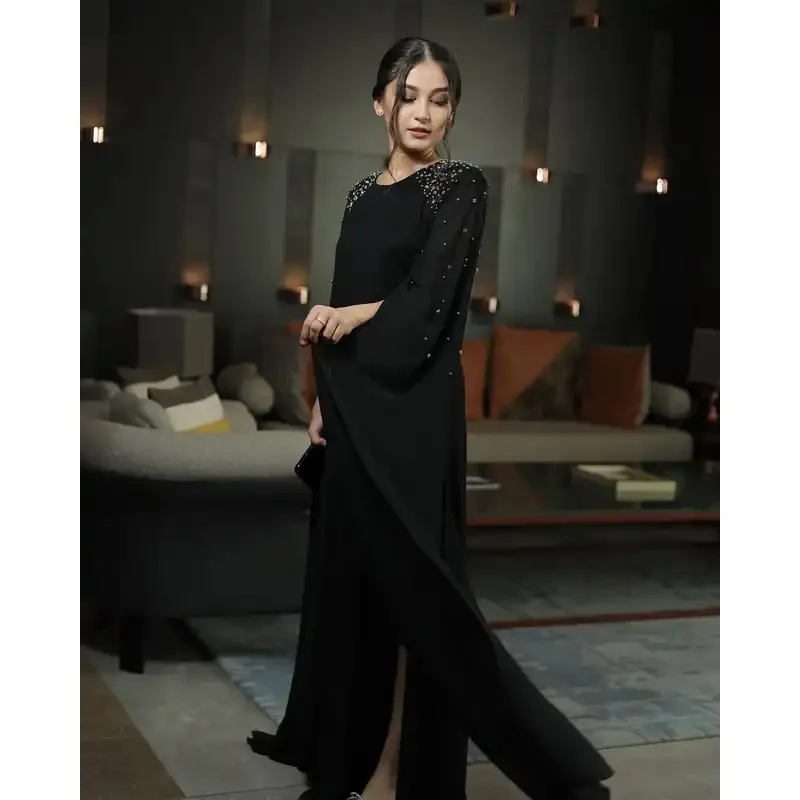 Fimora Customized Black Long Sleeves Prom Dresses O-Neck Beadings Floor Length Evening Gowns Saudi Party Dress