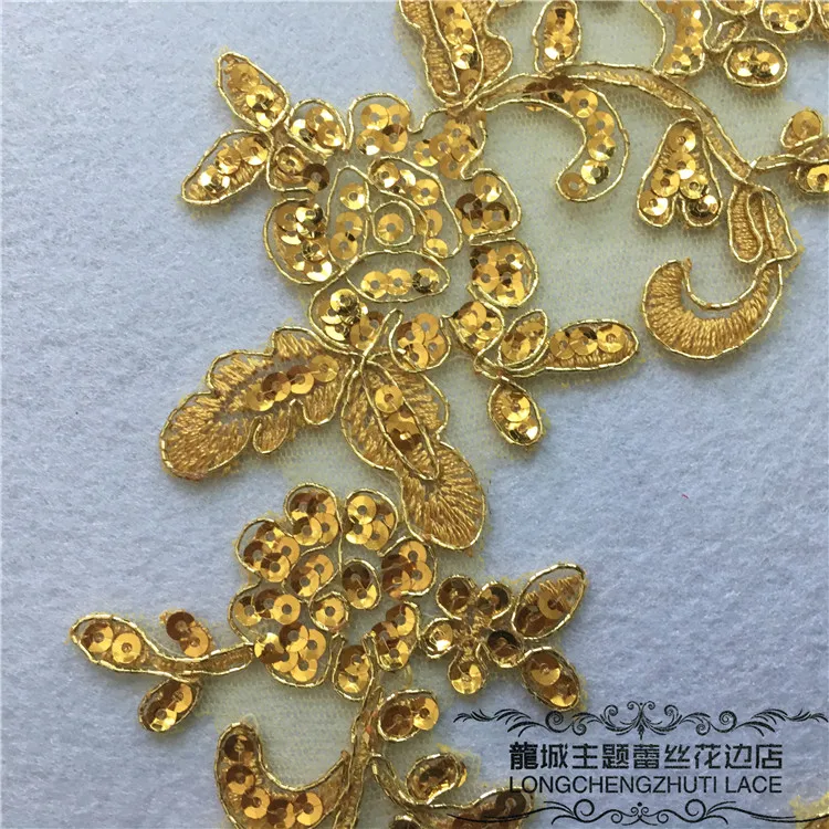 4Pcs/2pairs 26X9cm Gold Sequins Venise Lace Trim Wedding Sewing Applique Crafts Lace Fabric For Wedding Dress Decoration