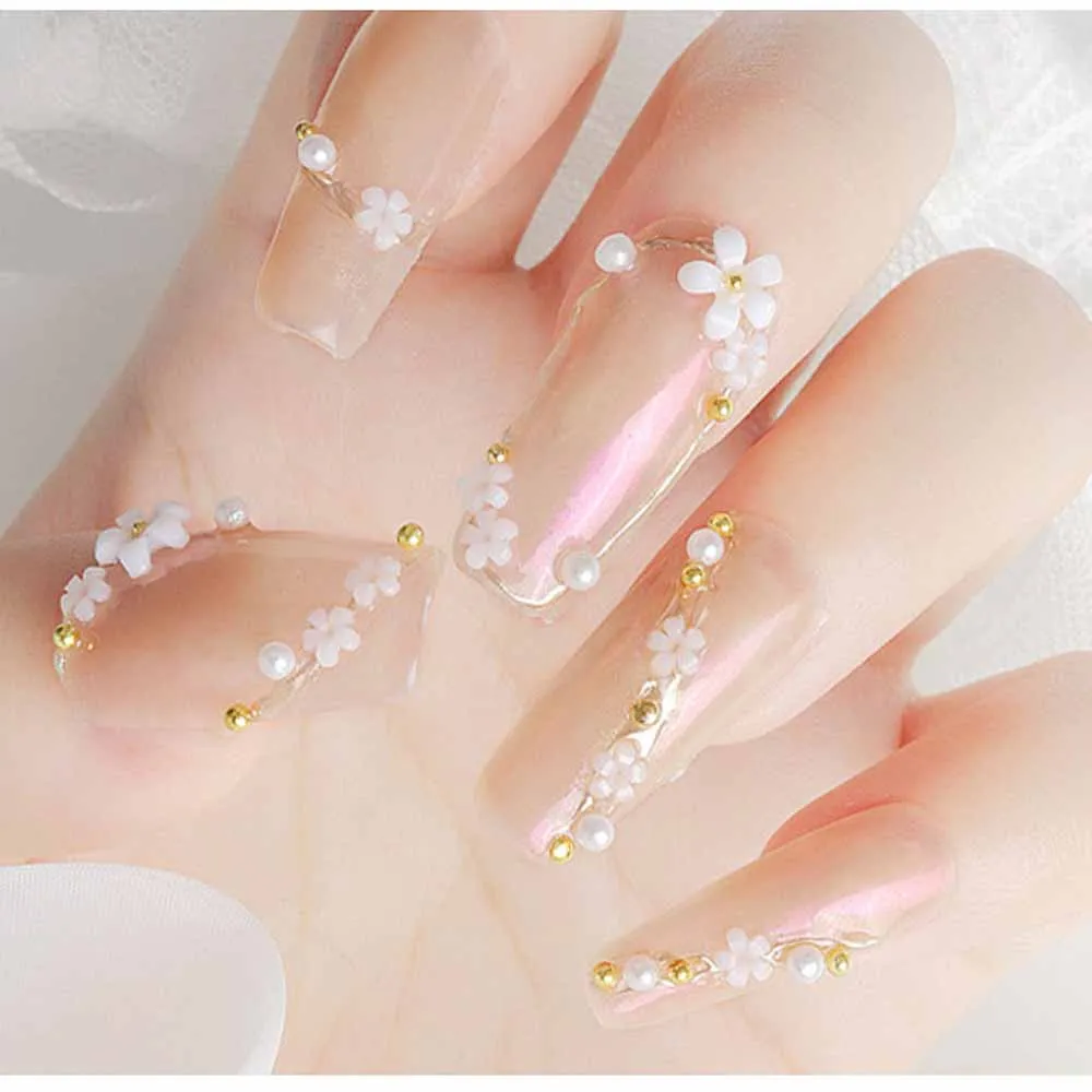 12Grid White Acrylic Petal Flower Nail Charms Mixed Floral Pearl Caviar Beads Nail Art Rhinestones DIY Manicure Decoration