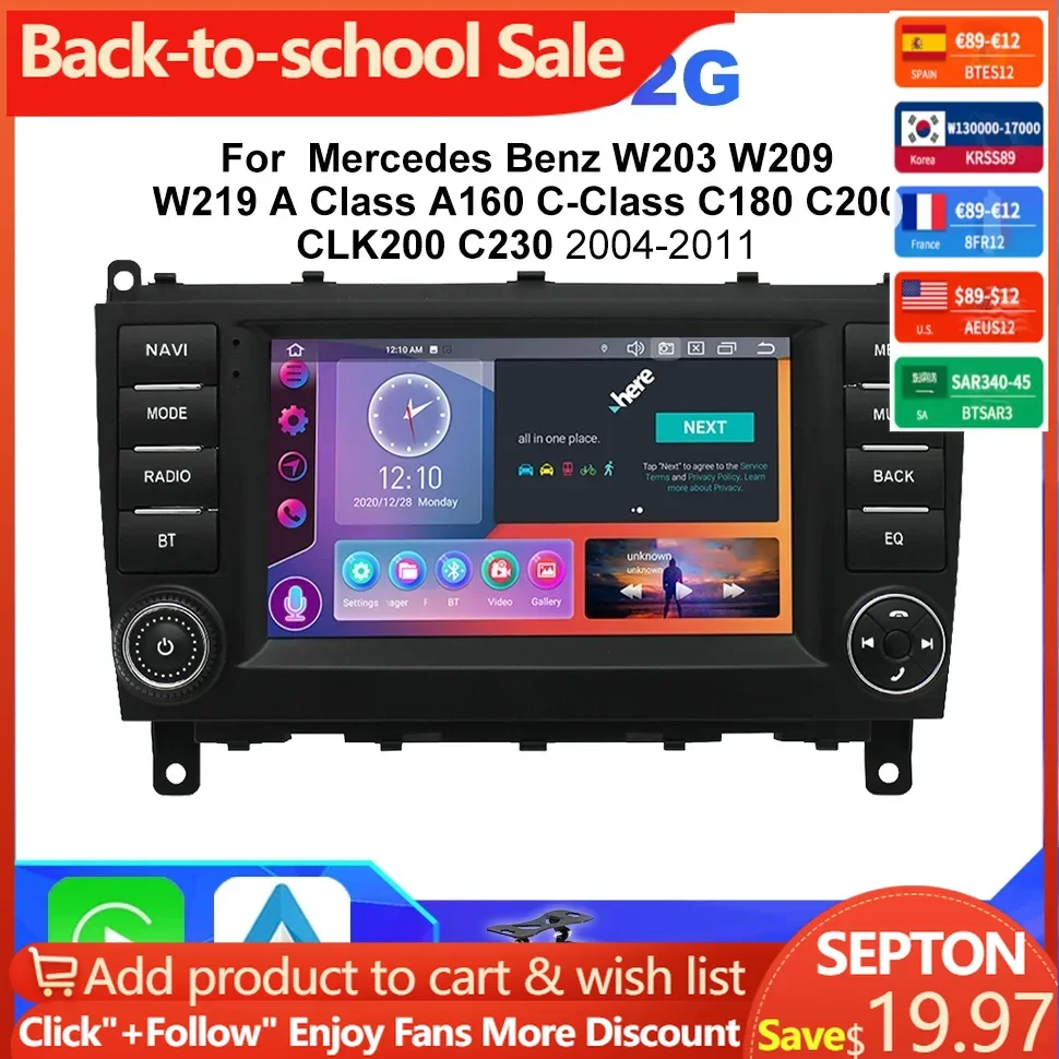 

SEPTON Android 2Din Car Radio for Mercedes Benz W203 W209 W219 A Class A160 C-Class C180 C200 CLK200 C230 2004-2011 GPS CarPlay