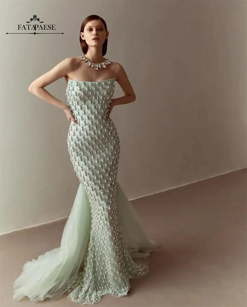 

FATAPAESE Роскошные вечерние платья по индивидуальному заказу, платья для выпускного вечера с жемчугом и каплями воды, сексуальное свадебное платье без бретелек для гостей, платья в Саудовской Аравии