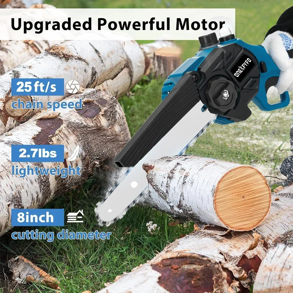 ONEKFYFD Cordless Chainsaw 8 Inch Power Chain Saws with Oil Spray Rechargeable Cutting Tree Trimming for Makita 18V Battery