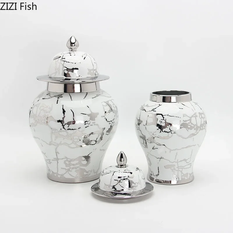 

Silver-plated Marble Texture Ceramic General Jar Ginger Jars Storage Tank Cosmetic Containers Artificial Flowers Floral Vase