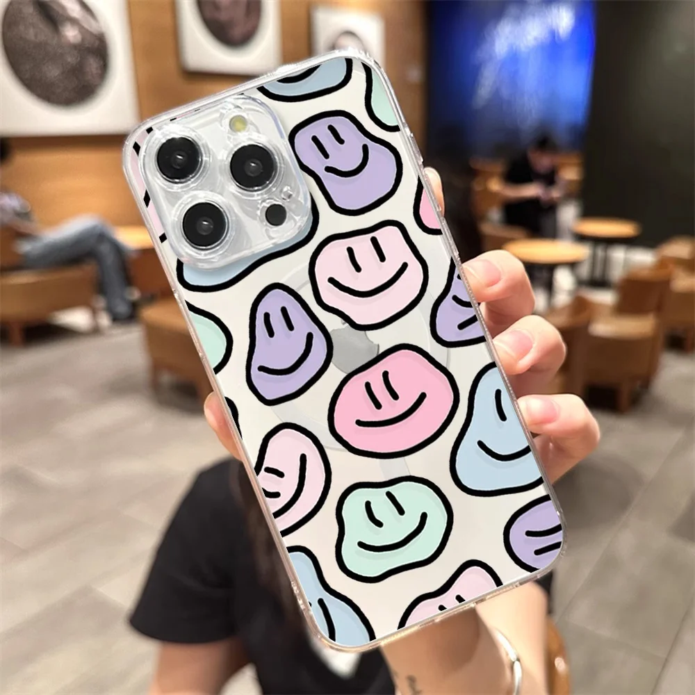 Funny Smiley Face Phone Case for iPhone 12 11 13 14 15 16 Max Pro Plus Transparent Magsafe Magnetic Wireless Cover