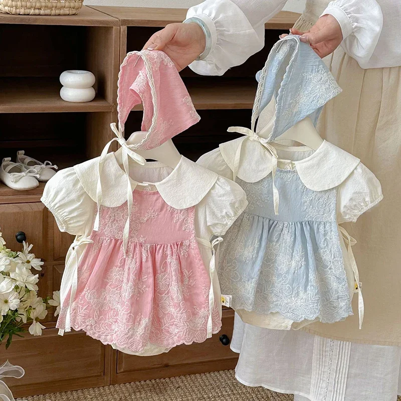 2026 New Summer Newborn Baby Girl Short Sleeved Cotton Solid Color Romper+Embroidered Vest+Hat Set 0-24M Baby Girl Clothing