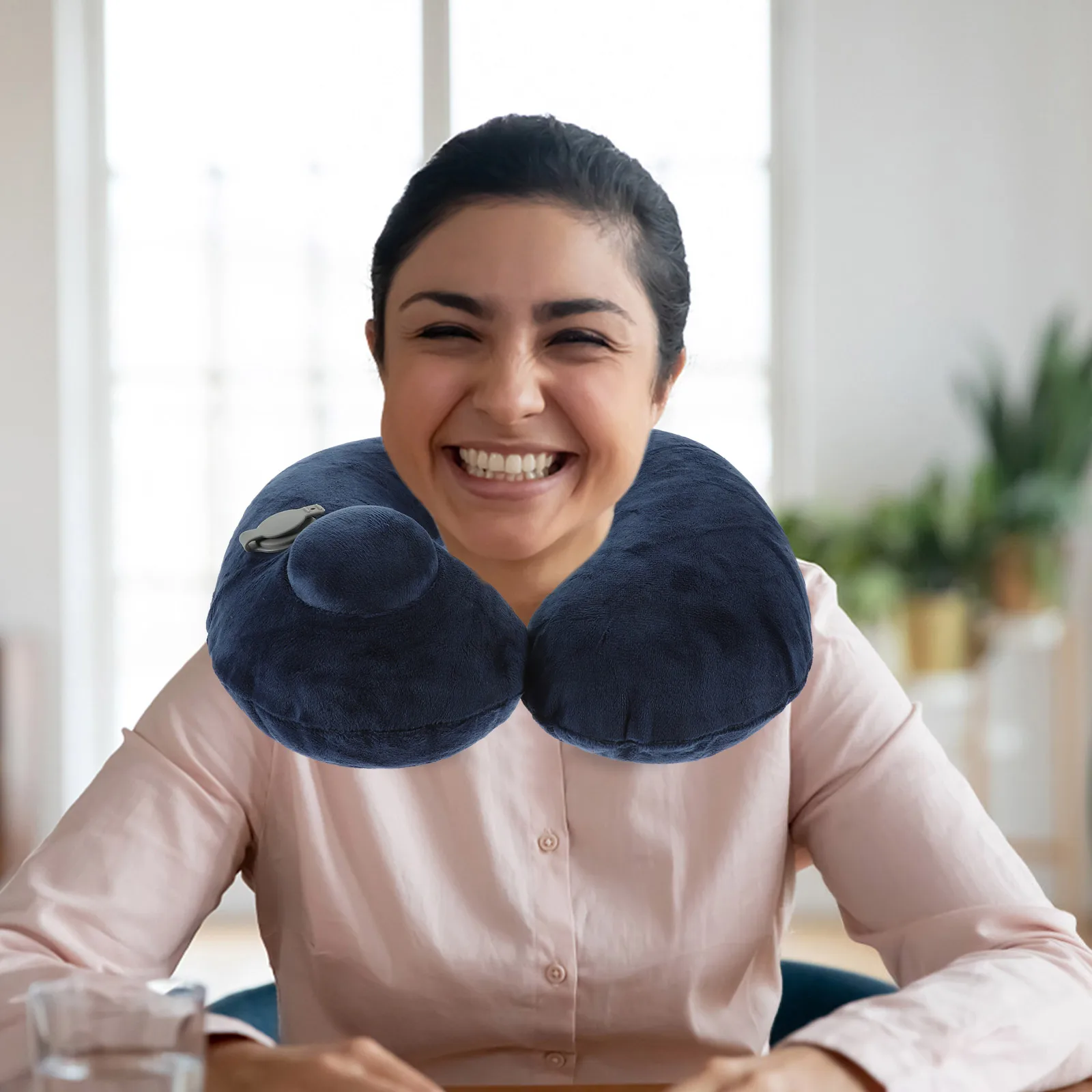 

【】U Shape Inflatable Neck Pillow Ergonomic Travel Pillow Fast Inflate Deflate For Airplane Camping Office Home Dark Blue