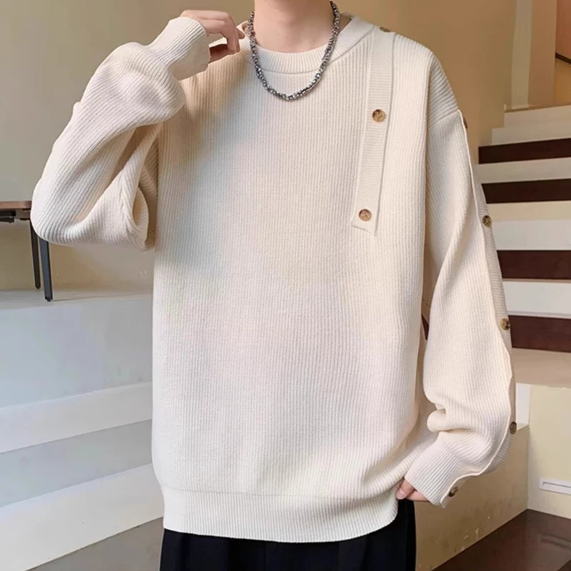 

Winter Men's Button-Design Round Neck Sweaters Korean Fashion Solid Color Knitted Pullovers Retro High Street Y2K Knitwear