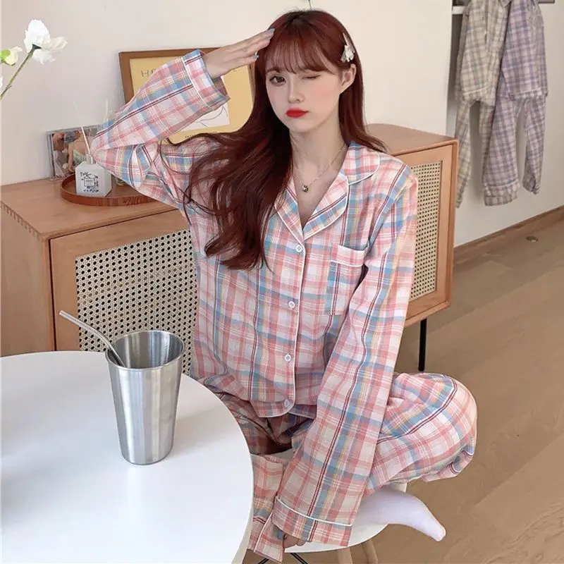 

Cozy Women's Plaid Pajama Set Long-Sleeve Lapel Buttons-Up Top With Pockets And Long Pants Breathable Fit Sleepwear Nightwear