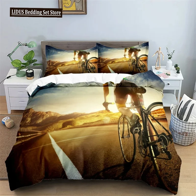 Bike Cycling Print Bedding Set Sport Style Duvet Cover Mountain Bike Quilt Cover With Pillowcases King For Teen Adult Room Decor