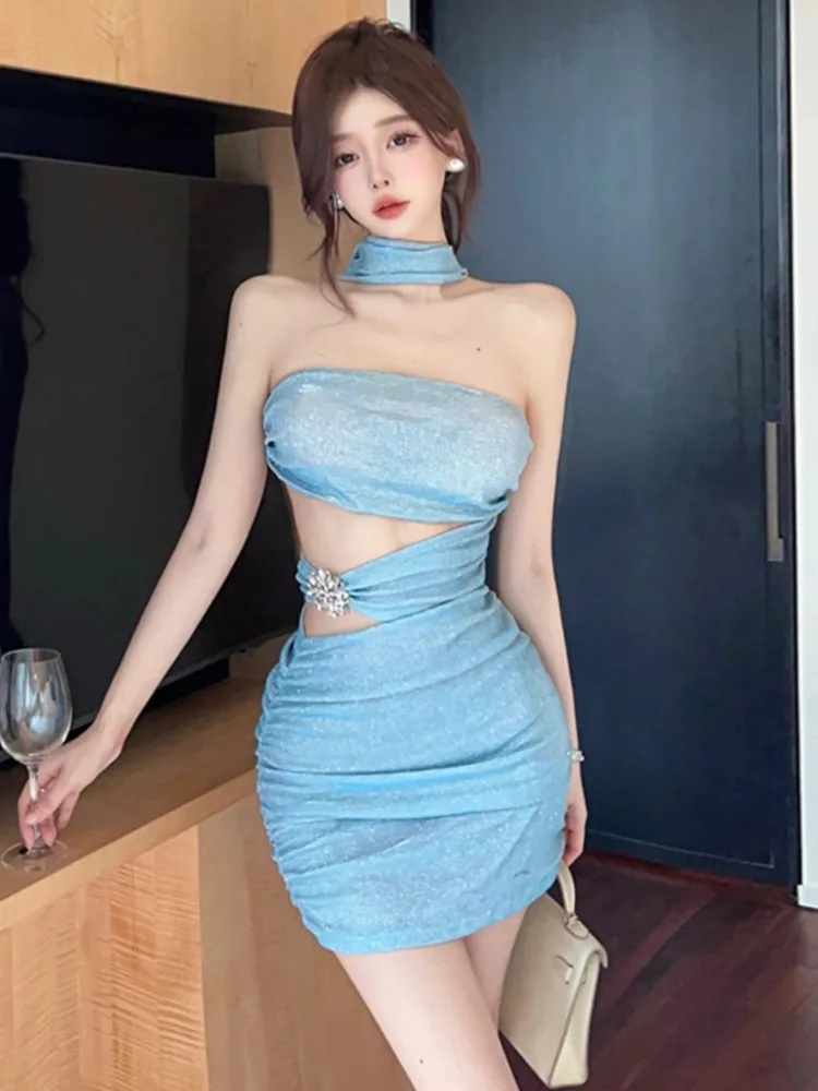 Ezgaga Mini Dresses Women Sleeveless Halter Hollow Out Slim Bright Silk Backless Sexy Party Dress Elegant Ladies Clubwear