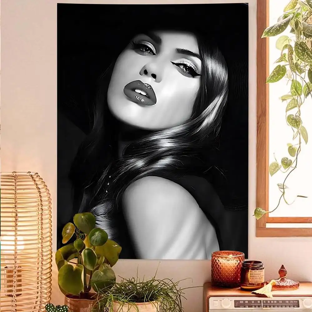 Black and white Caution Beautiful Lady Cartoon Tapestry Art Science Fiction Room Home Decor Wall Hanging Sheets