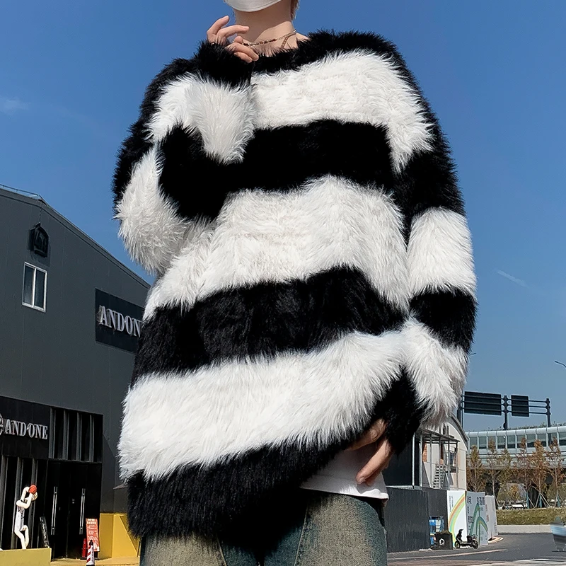 Autumn and winter mink striped Sweaters Men Korean Thicken Warm Knitting Loose Casual Mohair Long Sleeve Pullovers Streetwear