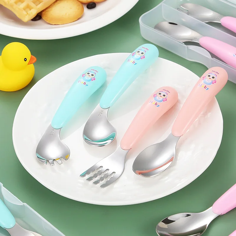 子供用ステンレスカトラリー,2個セット,キュート,漫画ディナー用,ベビーベンドフォークとスプーン,子供用食器