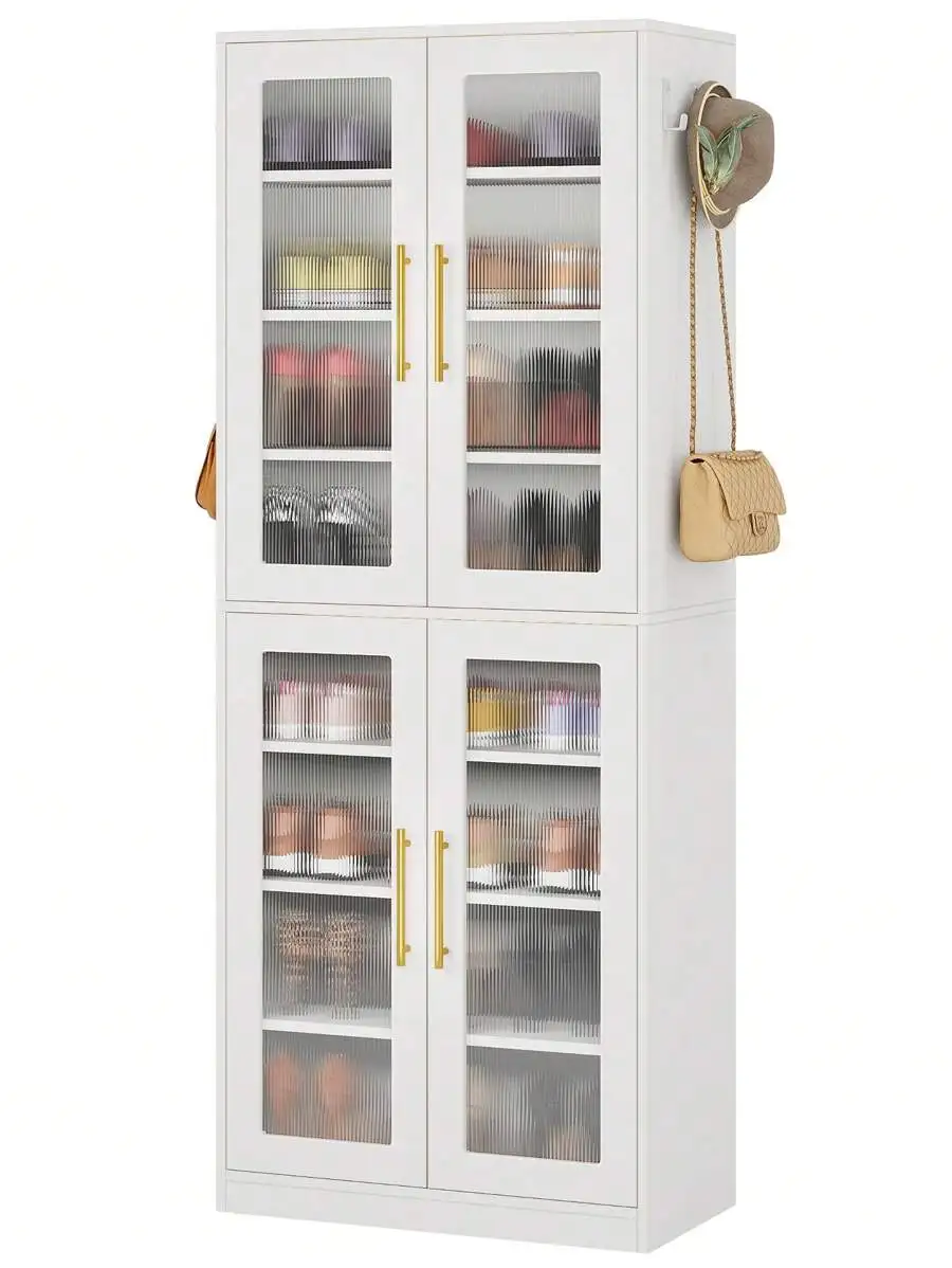 LITTLE TREE 8-Tier Tall Shoe Storage Cabinet With Acrylic Doors, Modern White Entryway Shoe Organizer Rack, Vertical Shoe Rack Cabinet For Narrow Closet, Cloakroom, Hallway, Living Room