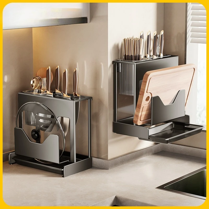 Knife Holder Wall Mounted Countertop with Cutting Board and Chopstick Storage Multifunctional Kitchen Organizer Accessories