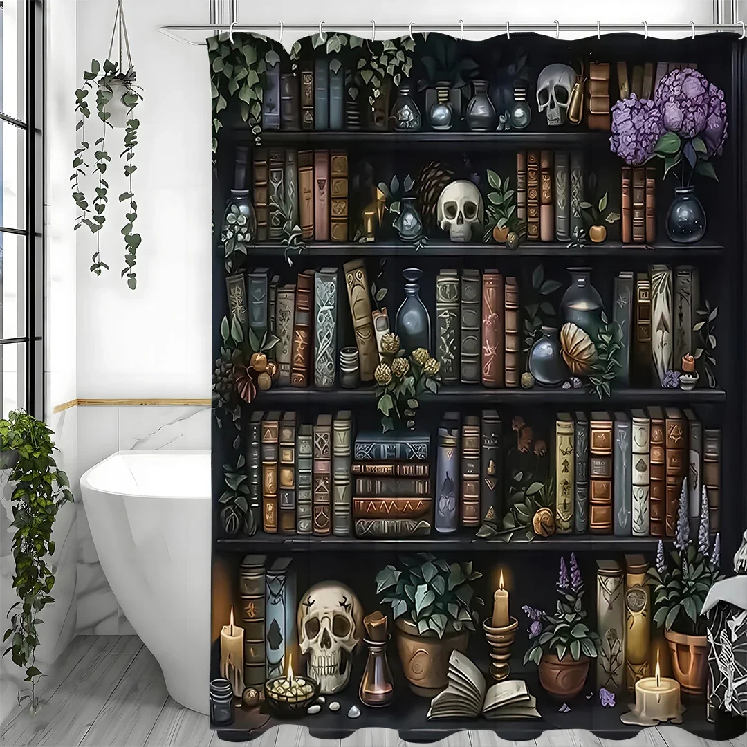 

Хэллоуин Ведьма Книжная полка Зелье Книги Череп Занавеска для душа, Декоративная занавеска для душа в ванной комнате, Водонепроницаемая занавеска для душа
