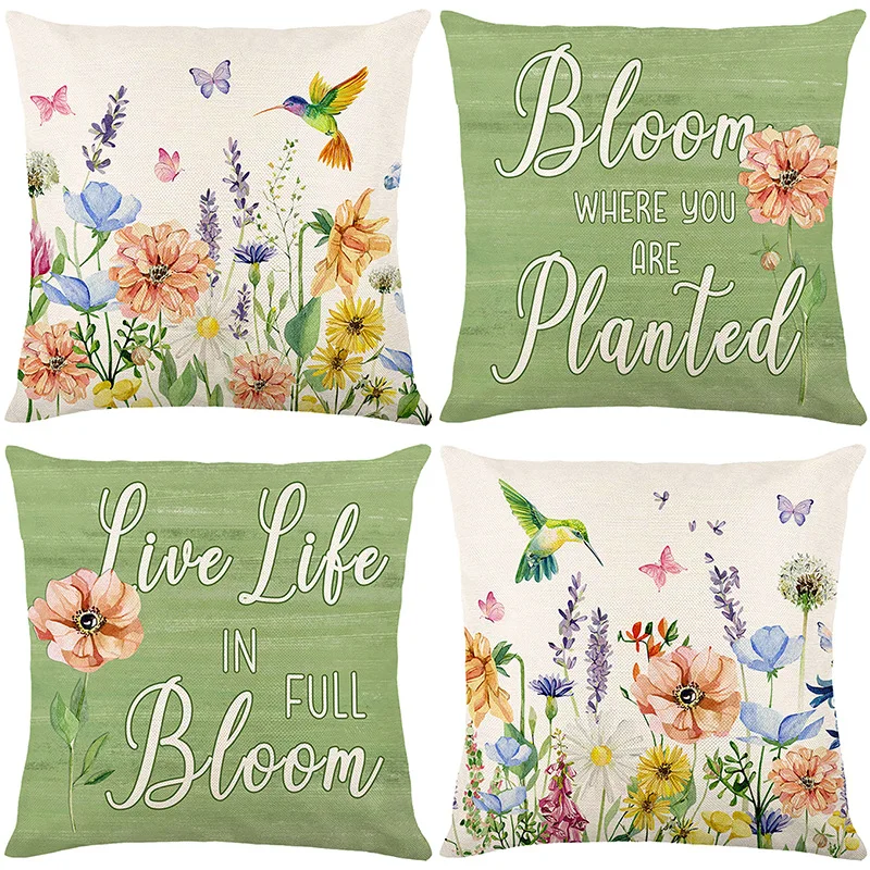 Spring Flower and Bird Print Pillow Cover Living Room Fresh Simple Sofa Cushion Cover Square Pillowcase Home Decor 45x45cm