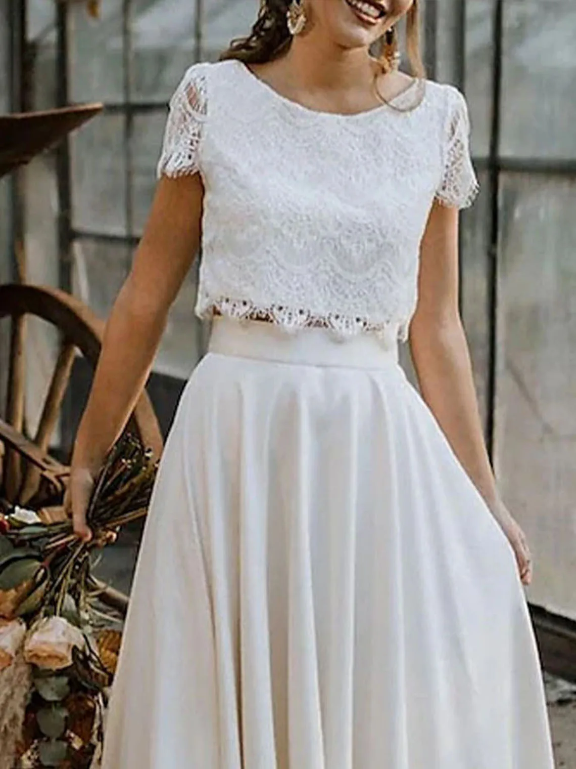 Elegante vestido de casamento de duas peças barco pescoço manga renda a linha assimétrico separa vestido de noiva 2025 personalizado grátis