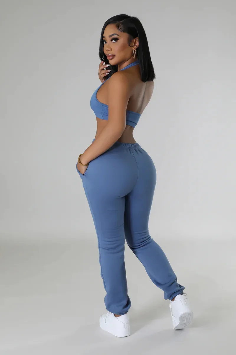 

2025 Spring New Sporty Two Piece Set Girl Halter Crop Tops+Drawstring Sweatpants Slim Activewear Casual Gym Womens Outfits Y2k