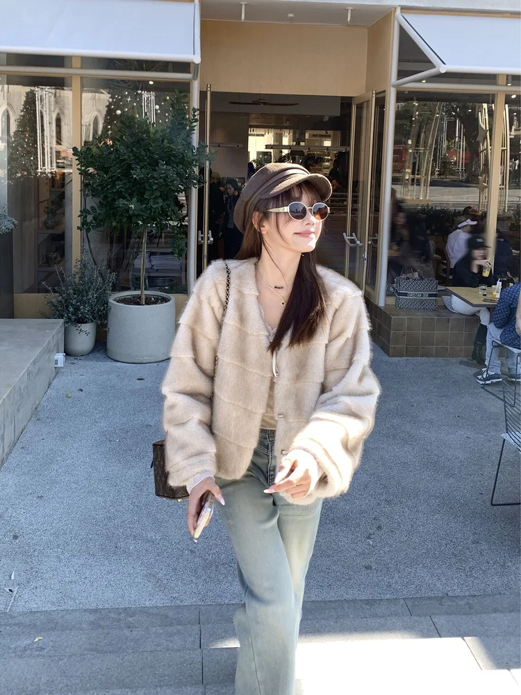 

Женская зимняя повседневная свободная куртка из искусственного меха с длинными рукавами, V-образным вырезом, на пуговицах, теплая верхняя одежда, размер S-L