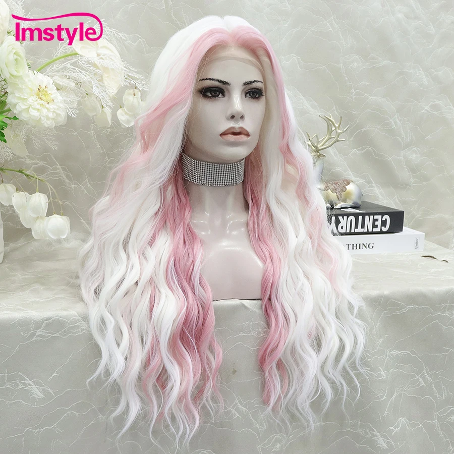 Imstyle White Wig Pink Highlight Synthetic Lace Front Wig Deep Wave Long Wigs For Women Heat Resistant Fiber Cosplay Wig