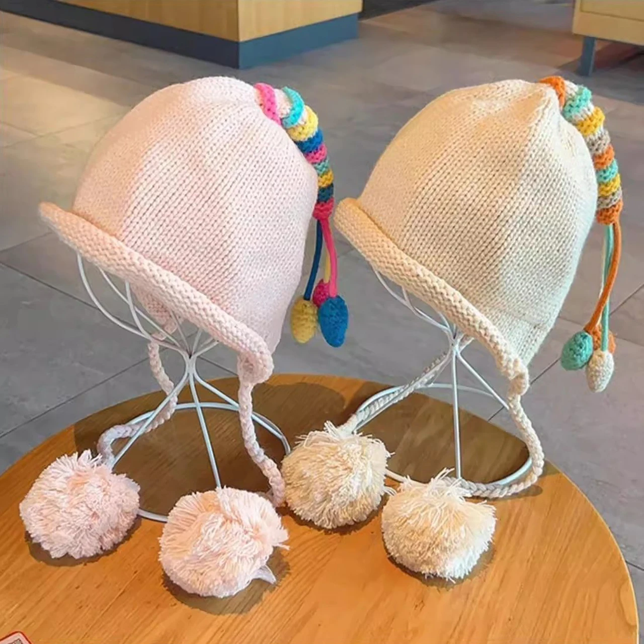 Rainbow Tail Children Ear Protection Hat Winter Warm Kids Woolen Hats Pompom Beanies 1-4Year Baby Pullover Cap Headgear Bonnet