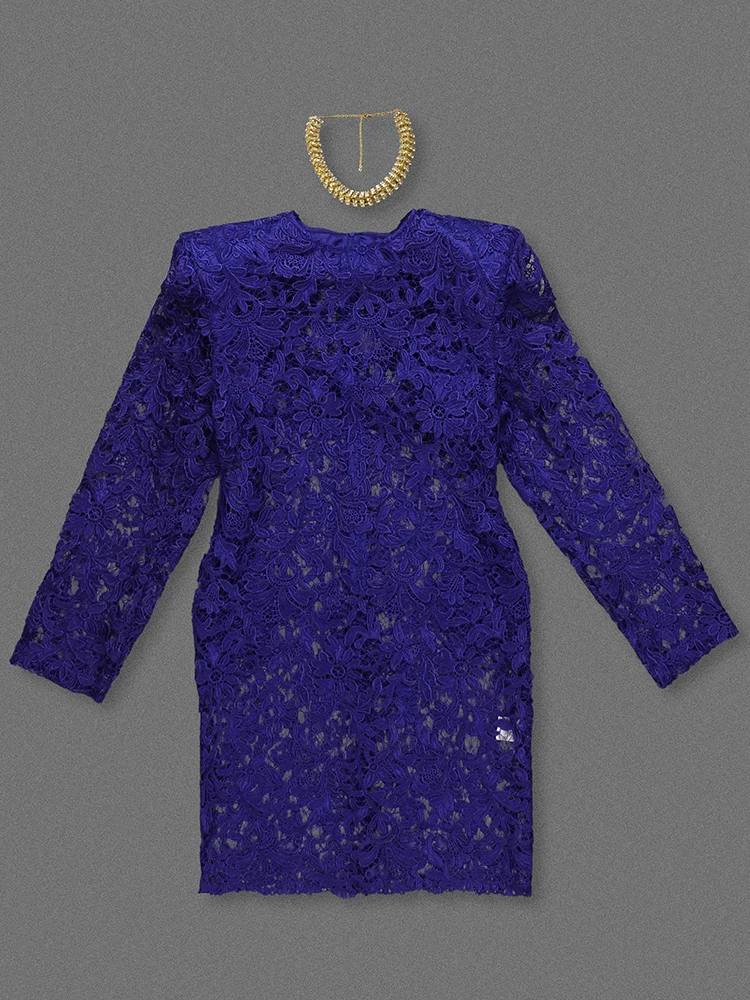 Sexy O cou manches longues voir à travers la robe en dentelle avec tour de cou femmes bleu évider pure Mini robes Cocktail robe de soirée