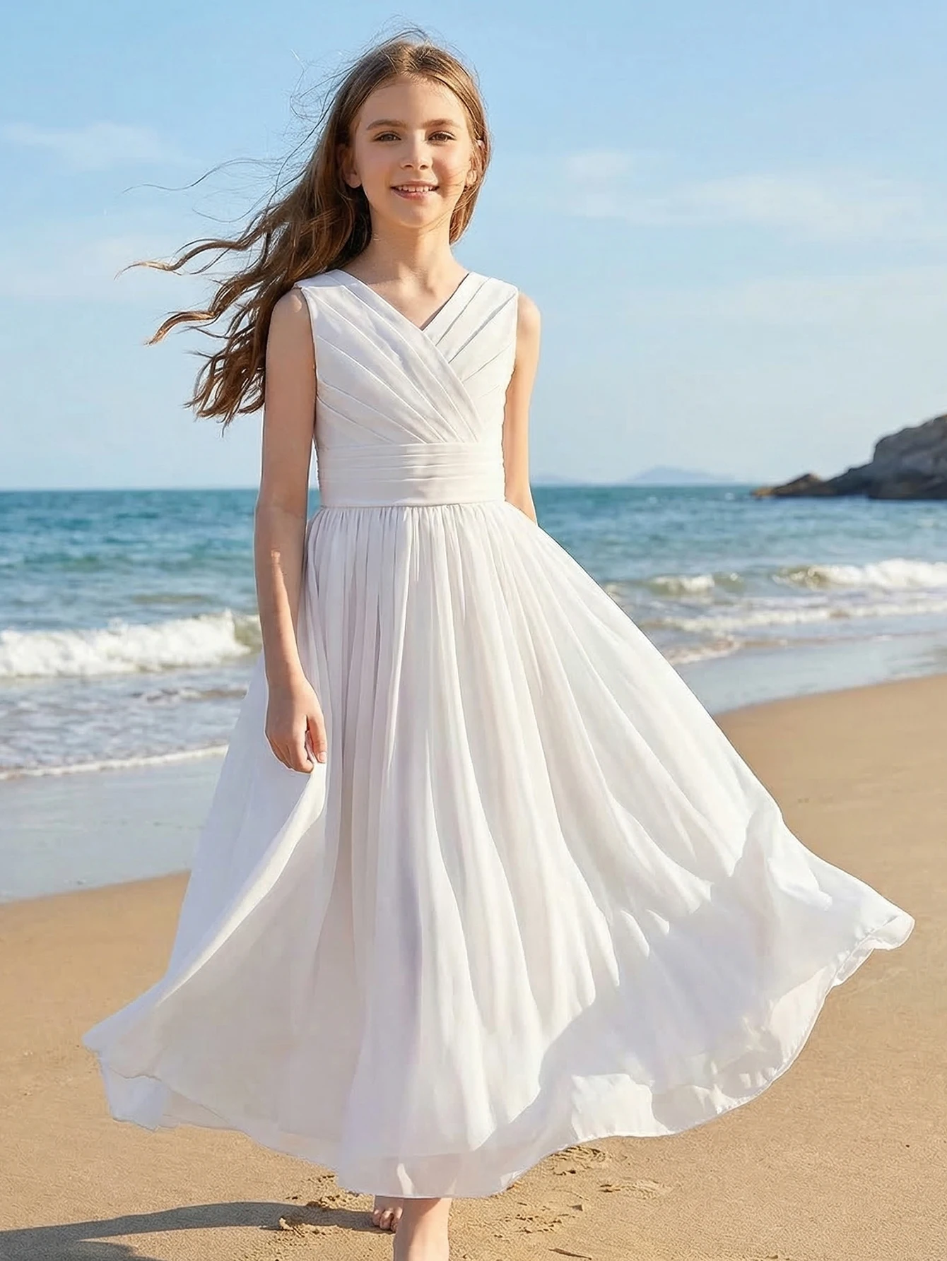 Teen Girl Wedding Flower Maiden Elegant Flowing Silk V-Neck Ruffled Bodycon Long Dress, Outdoor Travel, Vacation, Banquet Gown