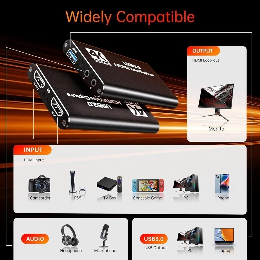 USB 3.0 Video Capture Card 4K 1080P 60fps HDMI-compatible Loop-Out Gaming Live Streaming Video Recorder Audio Video Capture Card