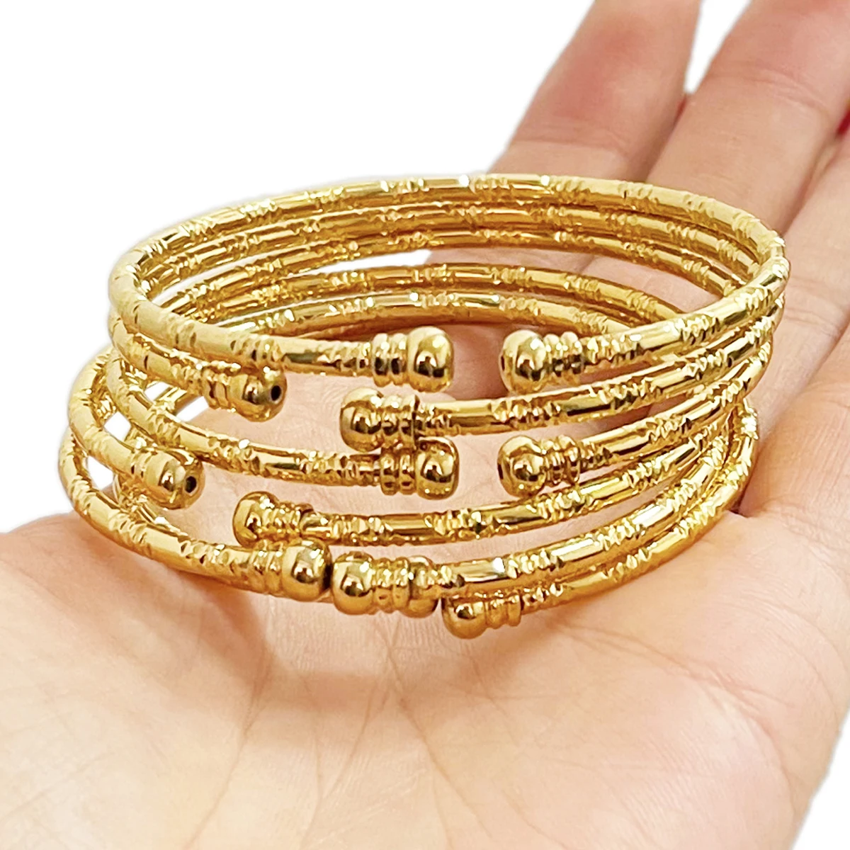 6Pcs Gold Plated African Bangle Set for Women Dubai Style Twist Open Cuff Stackable Bracelets Bridal Jewelry view 3