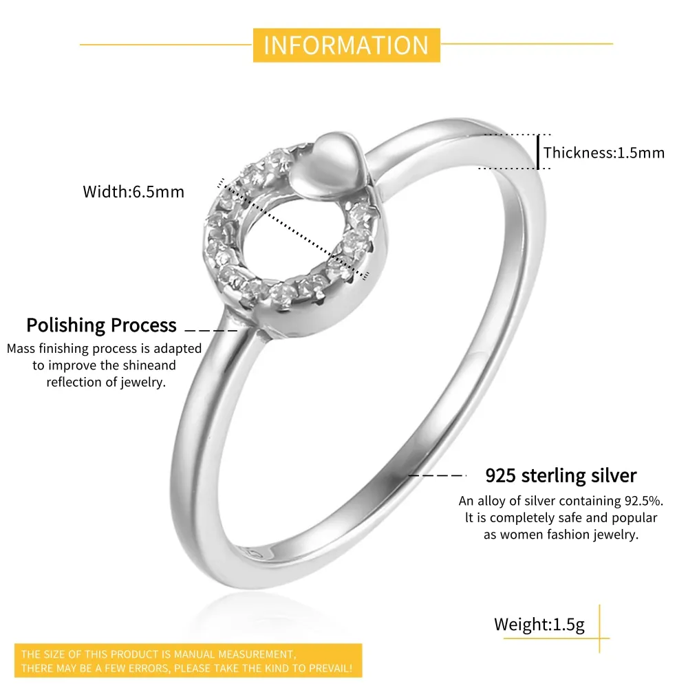 Classic Round Rings with Lovely Heart for Women, 100% 925 Sterling Silver, Charm Fashion, Engagement, Fine Jewelry, Gifts