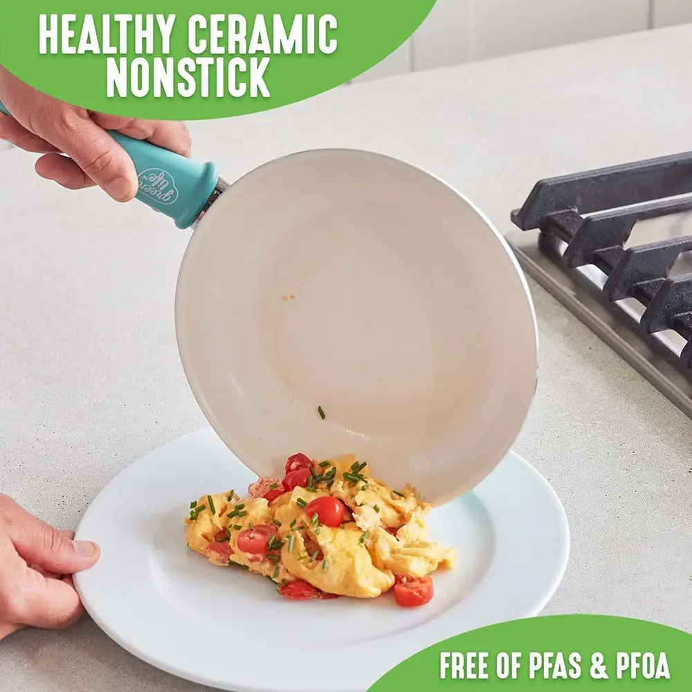 8 Turquoise Non-Toxic Ceramic Nonstick Frying Pan with Stay-Cool Handles, Dishwasher and Oven Safe, Wobble-Free
