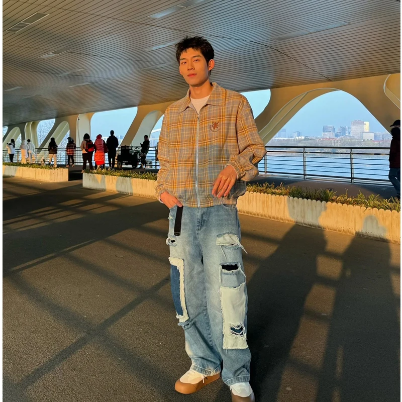 

Модные американские джинсы в стиле пэчворк для мужчин, прямые брюки с высокой талией, на молнии, молодежный стиль