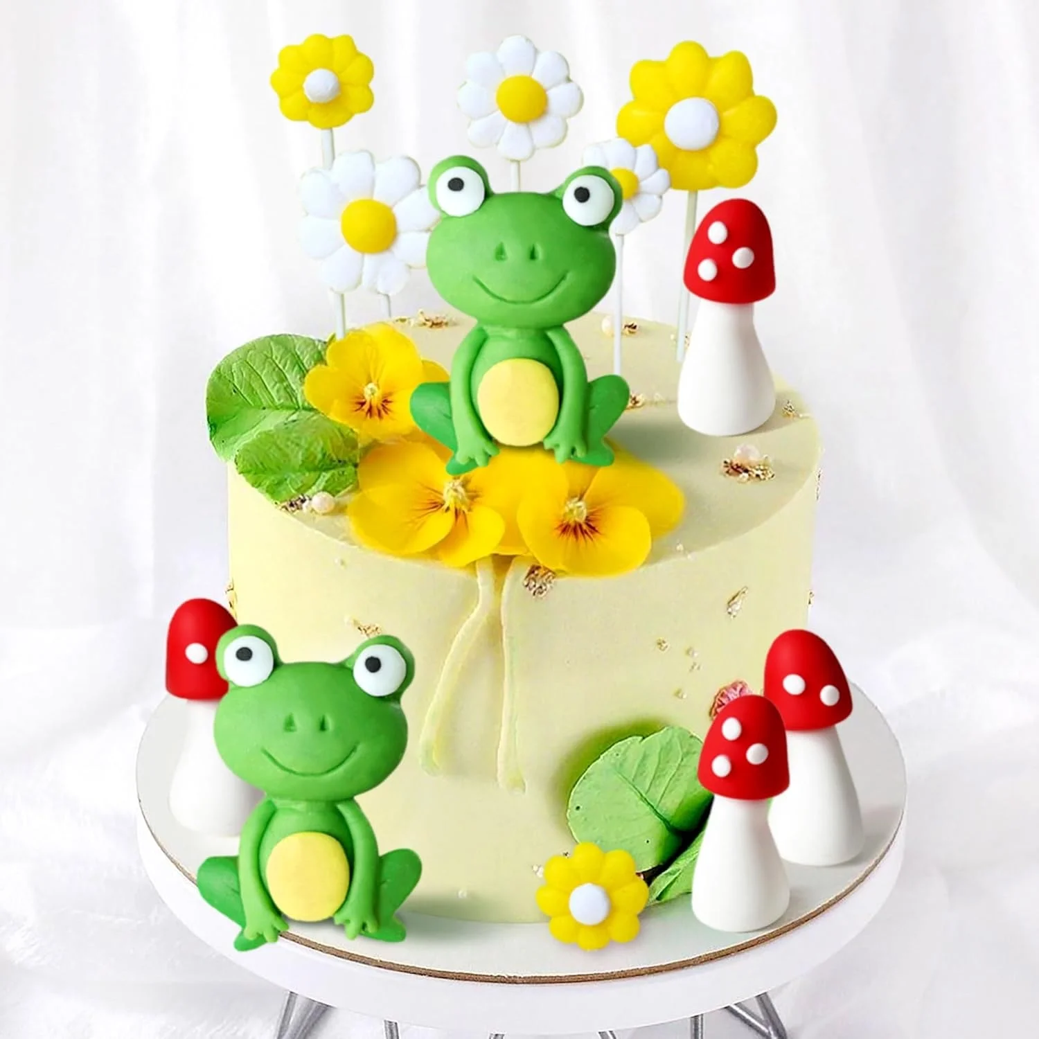 LaVenty Frosch-Kuchendekoration Frosch-Pilz-Hütten-Kuchenaufsatz Garten-Gänseblümchen-Kuchendekoration Gartenparty-Dekoration Hütte – Detail 5
