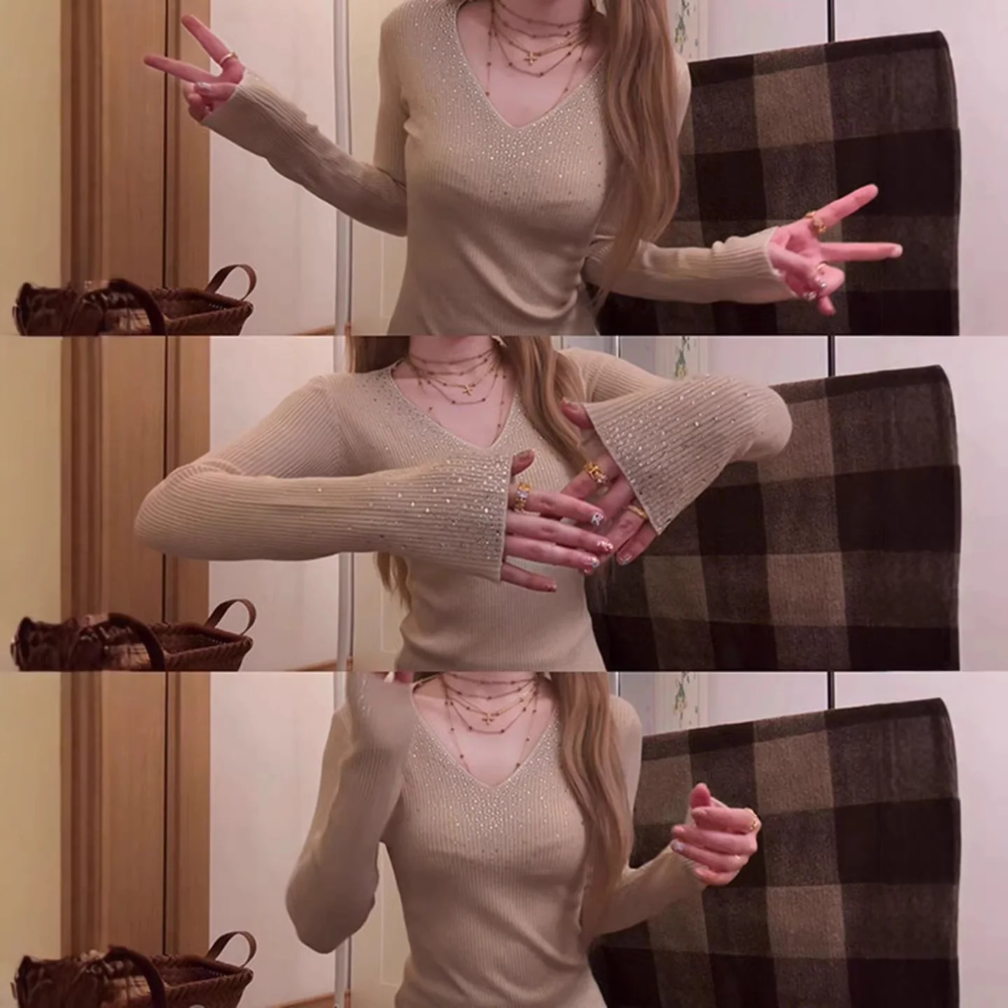 Stunning Glitter Knitted Sweater Women's V-Neck Base Shirt Inner Wear Slim Fit Autumn Winter High-End Feeling Fashionable