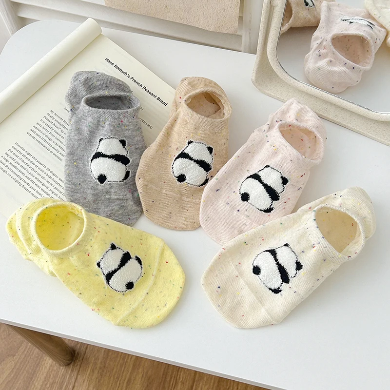 5 Pairs New Women Invisible Socks Cartoon Panda Summer Mujer Silicone Non-slip Chaussette Female Soft Breathable Thin Boat Socks