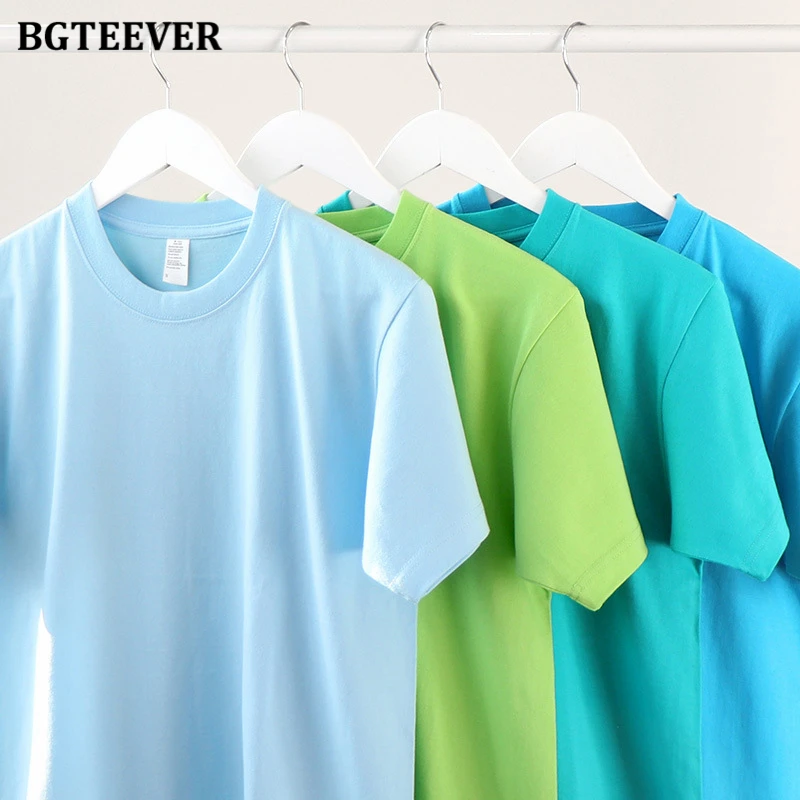 BGTEEVER Basic O-neck Ladies Cotton T-shirts Short Sleeve Loose Solid Pullover Tees Ladies Summer Casual Women Tops