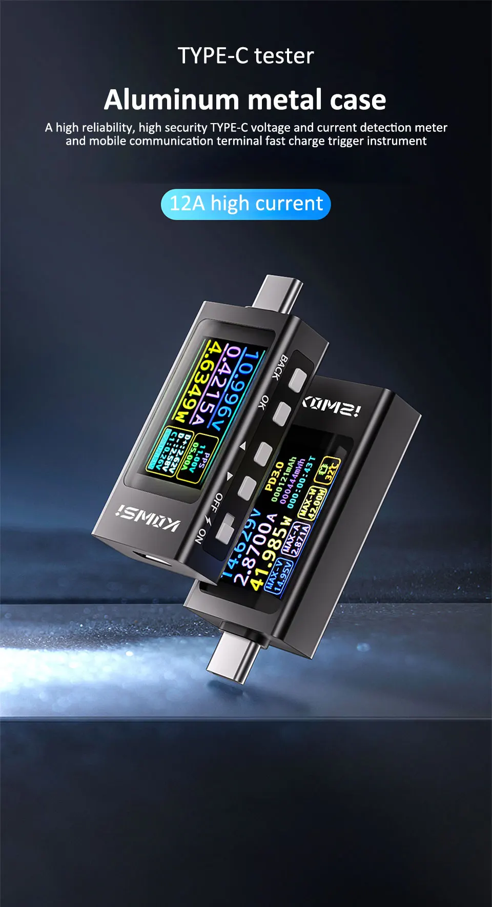 KWS-X1 4V-30V 12A Typ C Tester Voltmeter Amperemeter TYPE-C Schnelle Ladung Erkennung Trigger Kapazität Messung Welligkeit Messung – Detail 1