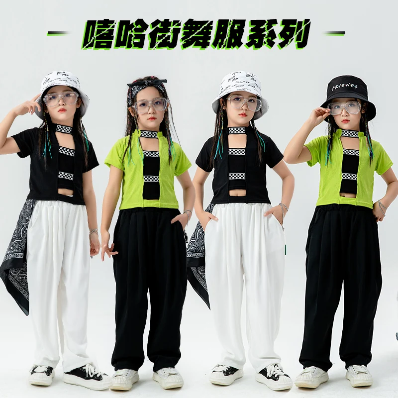 Kids Kpop Outfits Hip Hop Clothing Crop Green T Shirt Street Wear Baggy Pants For Girls Jazz Dance Costumes Teenage Clothes