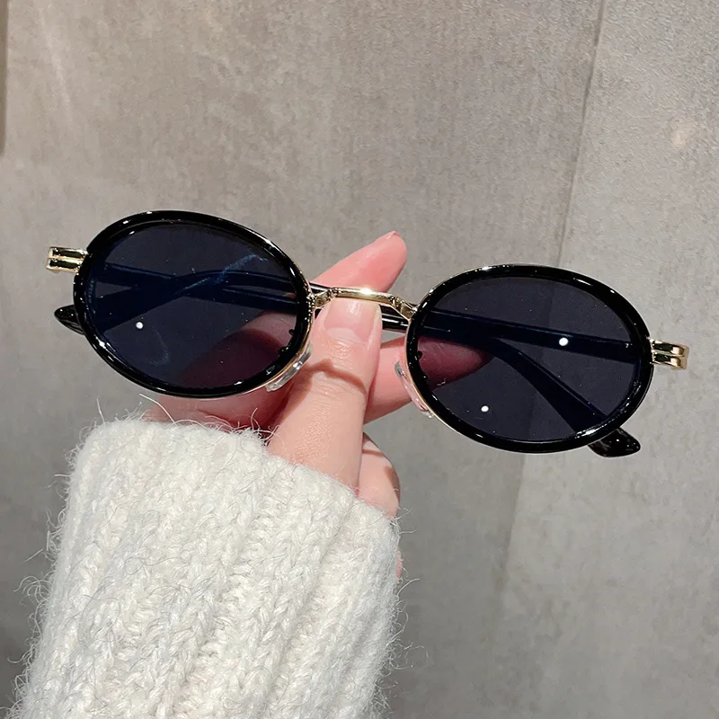 SO&EI New Small Oval Punk Men Sunglasses Vintage Semi-Metal Women Gradient Shades UV400 Blue Tea Sun Glasses