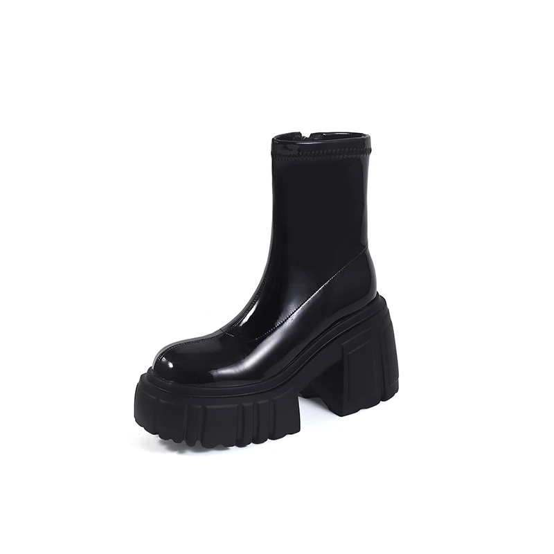Women's new patent leather round toe high heels, thick soled elastic short boots, long boots, over the knee boots, slim leg boot