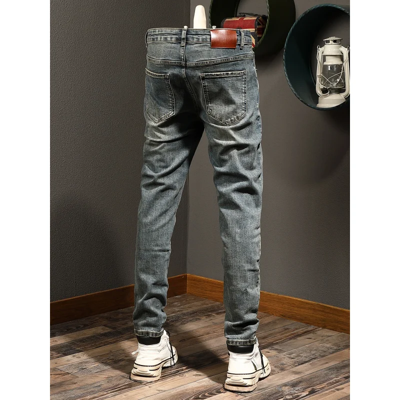 

Classic minimalist retro jeans men's trendy brand vintage blue denim stretch slim fit high-end pants autumn
