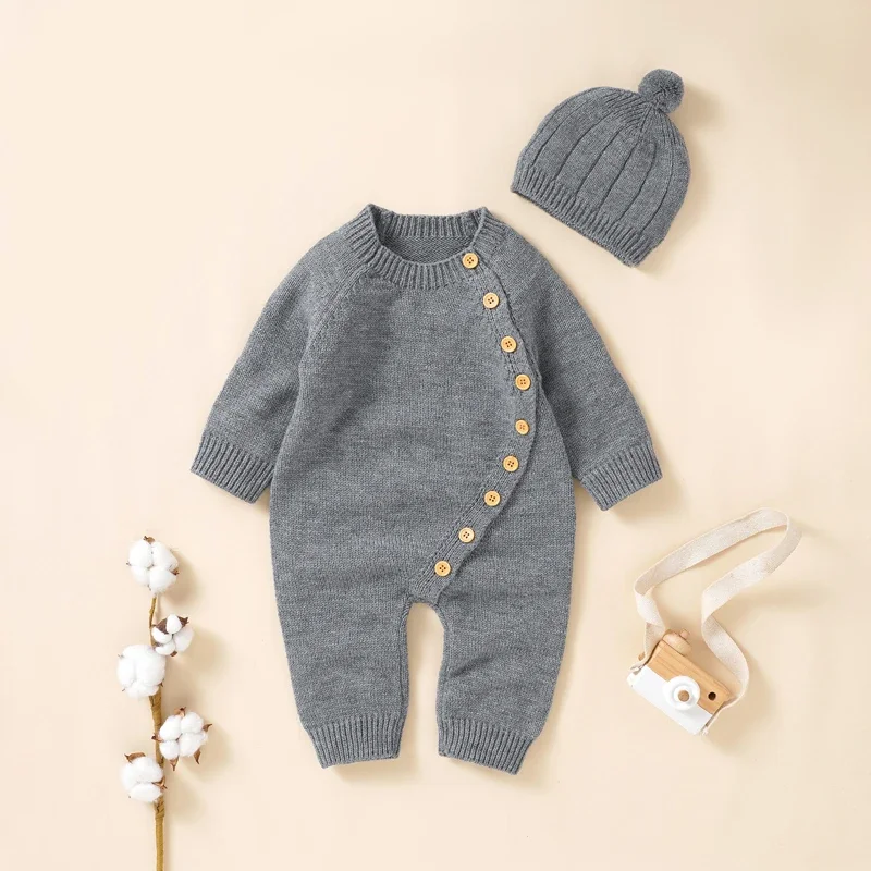 

Infant Baby Rompers Knit Newborn Girl Boys Jumpsuit Long Sleeve Solid Autumn Toddler Kid Clothes Hat Overalls 0-18M Playsuit 2PC