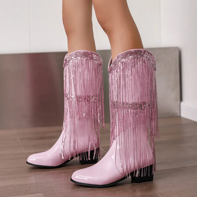 Boot Strap Tassels Fringe couro envernizado botas longas para mulheres, salto alto robusto, New Rock Goth, 2024