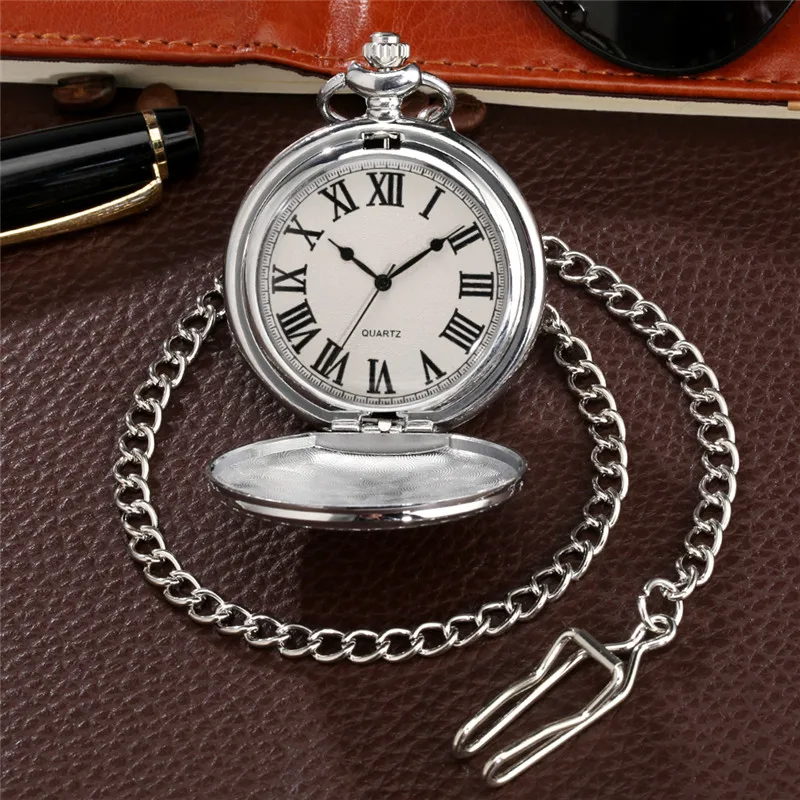 

Silver Smooth Case Roman Number Display Quartz Analog Pocket Watch for Men Women Necklace Pendant Chain Reloj De Bolsillo Gift