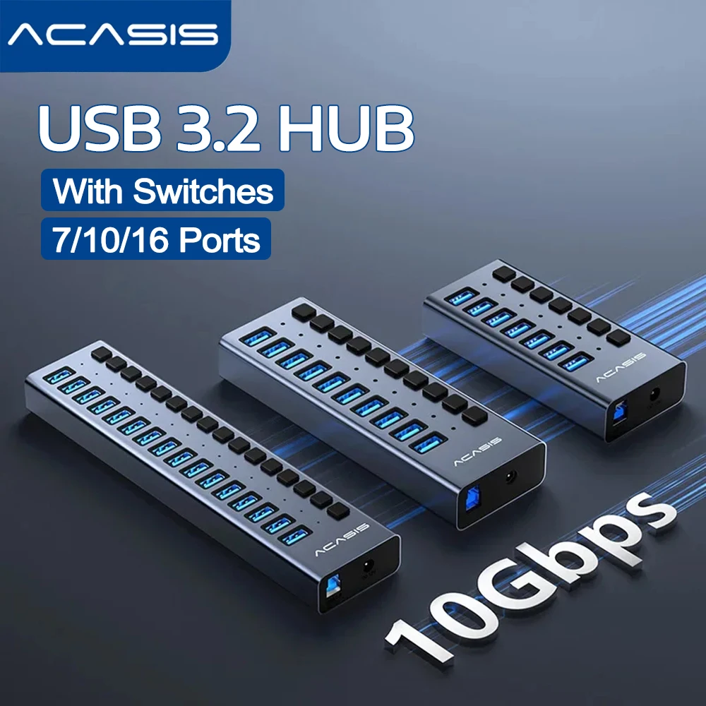 Acasis 10Gbps USB 3.2 Hub 16/10/7 Ports USB HUB Powered Splitter Aluminum with Individual Switch & Light for PC Laptop Desktop